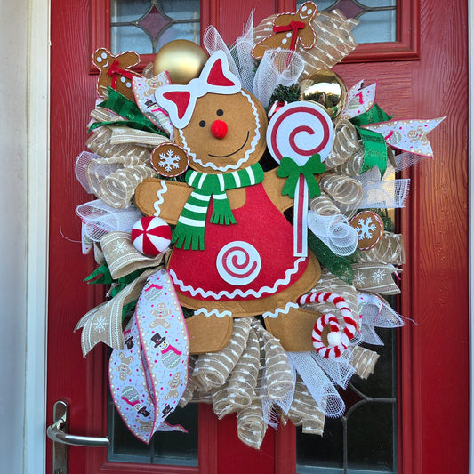 Deluxe Large Gingerbread Girl,  Whimsy Christmas Wreath, USA style wreath
