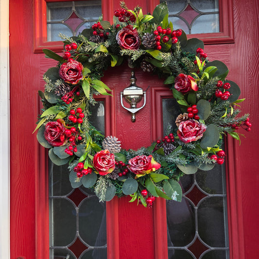 Deluxe Large Frosted Red Rose and Red Berries Christmas Wreath, luxury Christmas decor