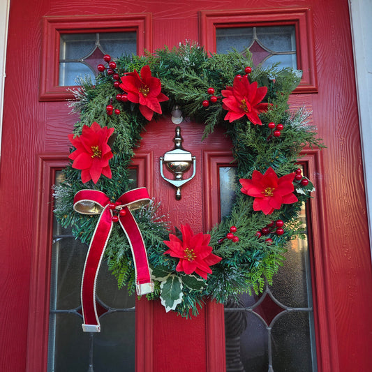 Deluxe Large Red Pontsettia  and Red Velvet Bow Christmas Wreath, luxury Christmas decor
