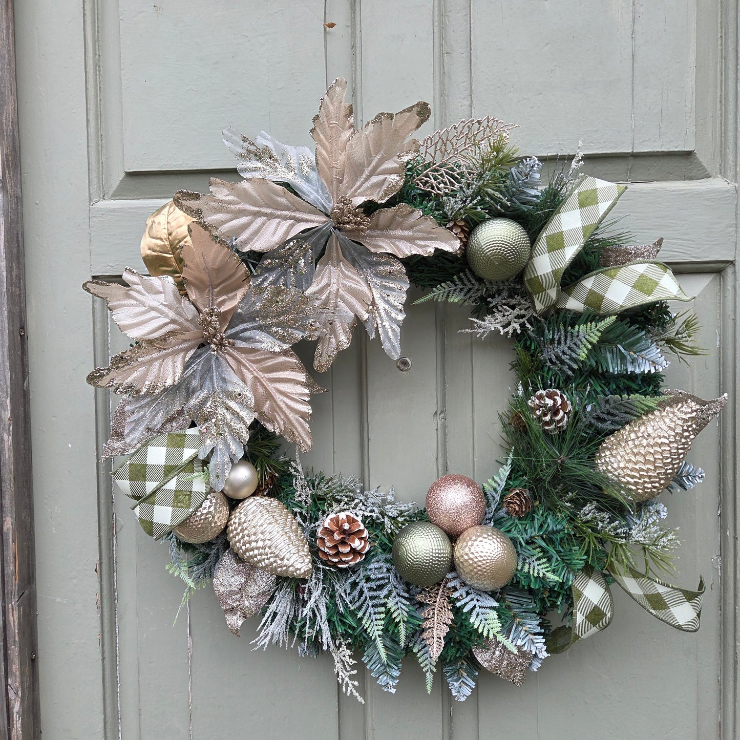 Deluxe Gold and Green Double Poinsettia Christmas Wreath, luxury Christmas decor