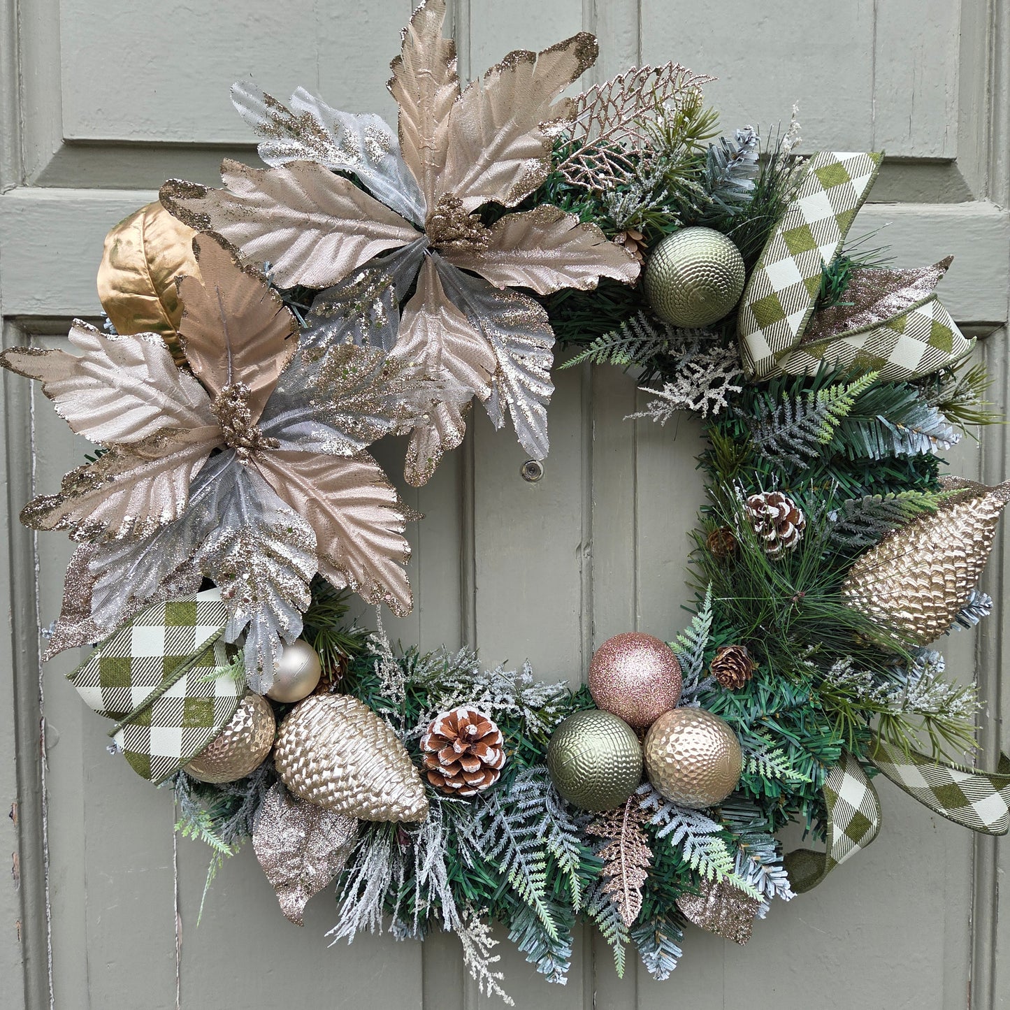 Deluxe Gold and Green Double Poinsettia Christmas Wreath, luxury Christmas decor