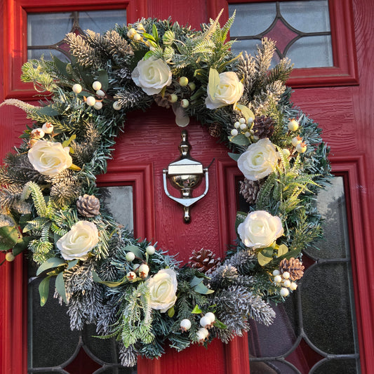 Deluxe Large Frosted White Rose and White Berries Christmas Wreath, luxury Christmas decor