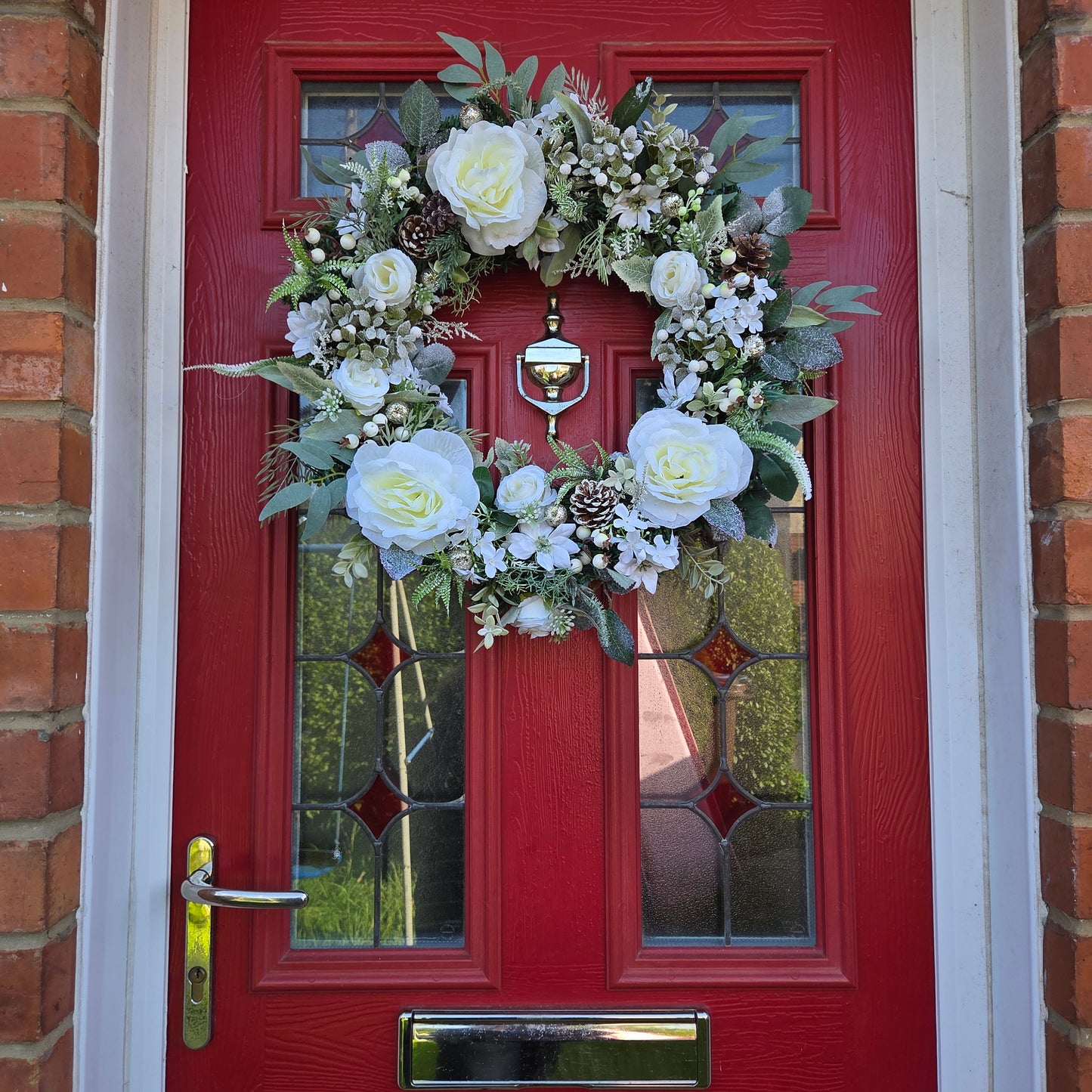 Deluxe Large White Rose and White Berry Christmas Wreath, luxury Christmas decor