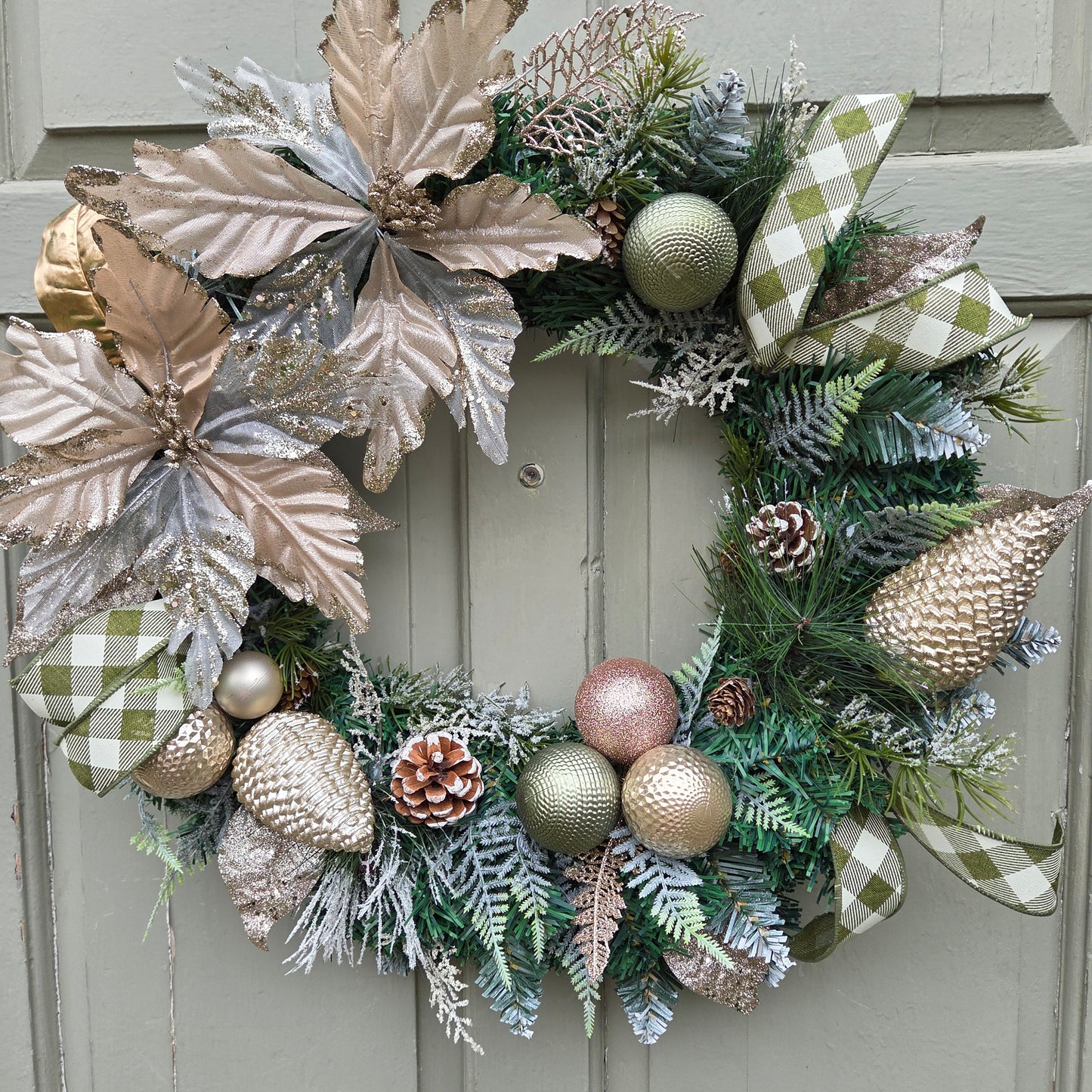 Deluxe Gold and Green Double Poinsettia Christmas Wreath, luxury Christmas decor