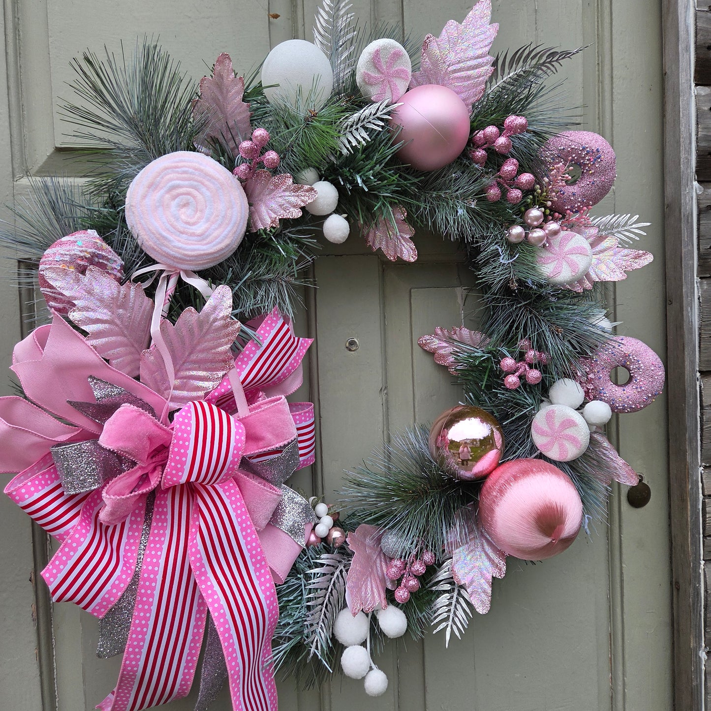 Deluxe extra large pink Candy Cane Wreath, luxury Christmas decor