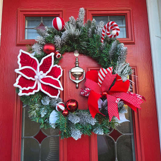 Deluxe Large Red and White Pontsettia and Red Bow Christmas Wreath, luxury Christmas decor
