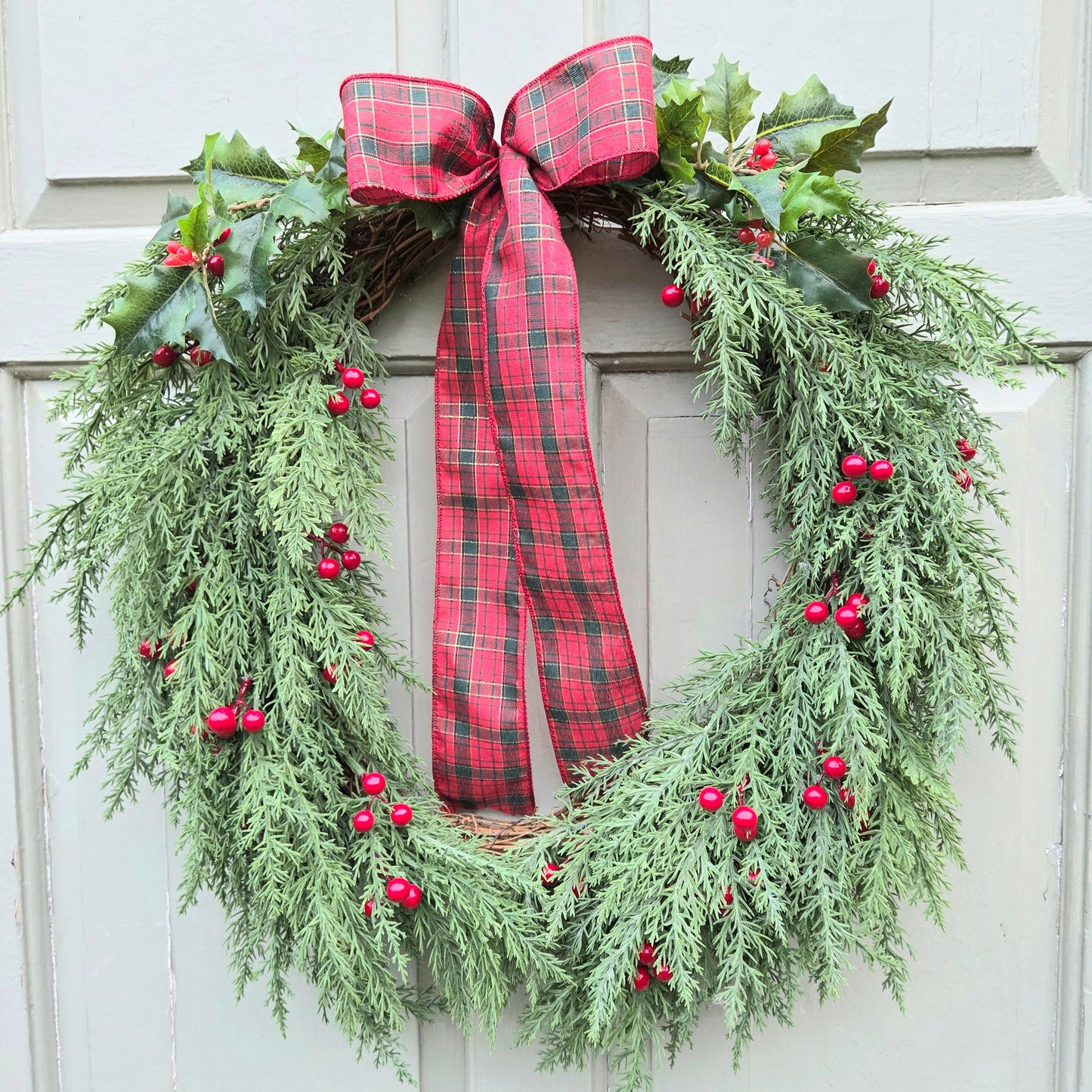 Deluxe Red Berry and Tartan Bow Christmas Wreath, luxury Christmas decor