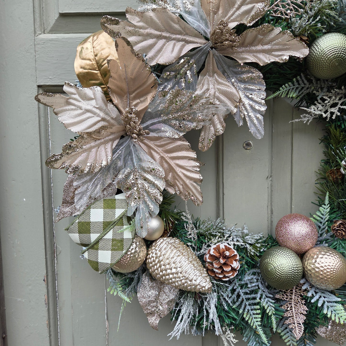 Deluxe Gold and Green Double Poinsettia Christmas Wreath, luxury Christmas decor