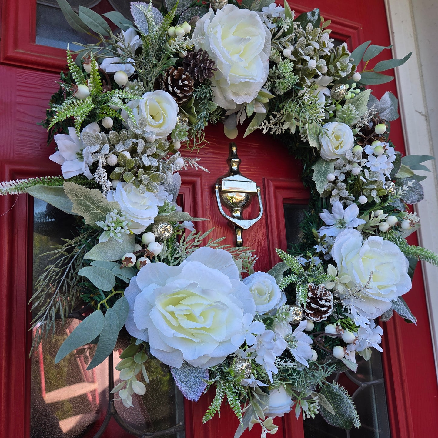 Deluxe Large White Rose and White Berry Christmas Wreath, luxury Christmas decor