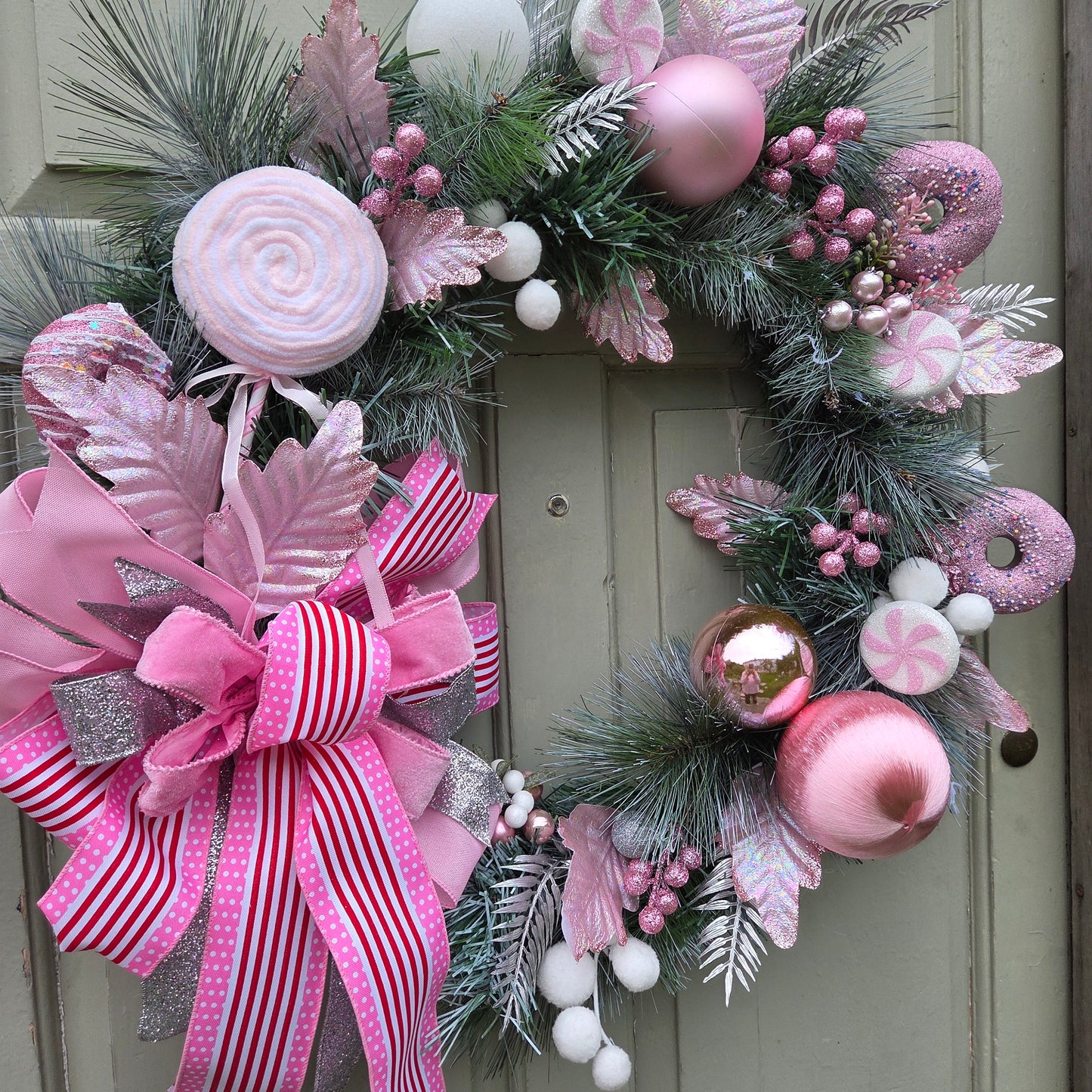 Deluxe extra large pink Candy Cane Wreath, luxury Christmas decor