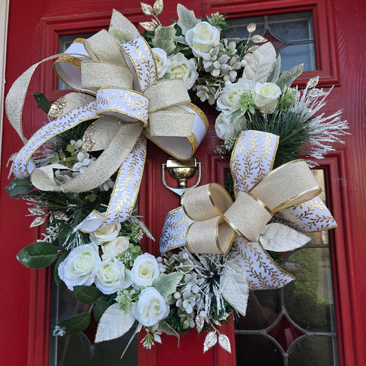 Deluxe Double Bow and White Rose Christmas Wreath, luxury Christmas decor