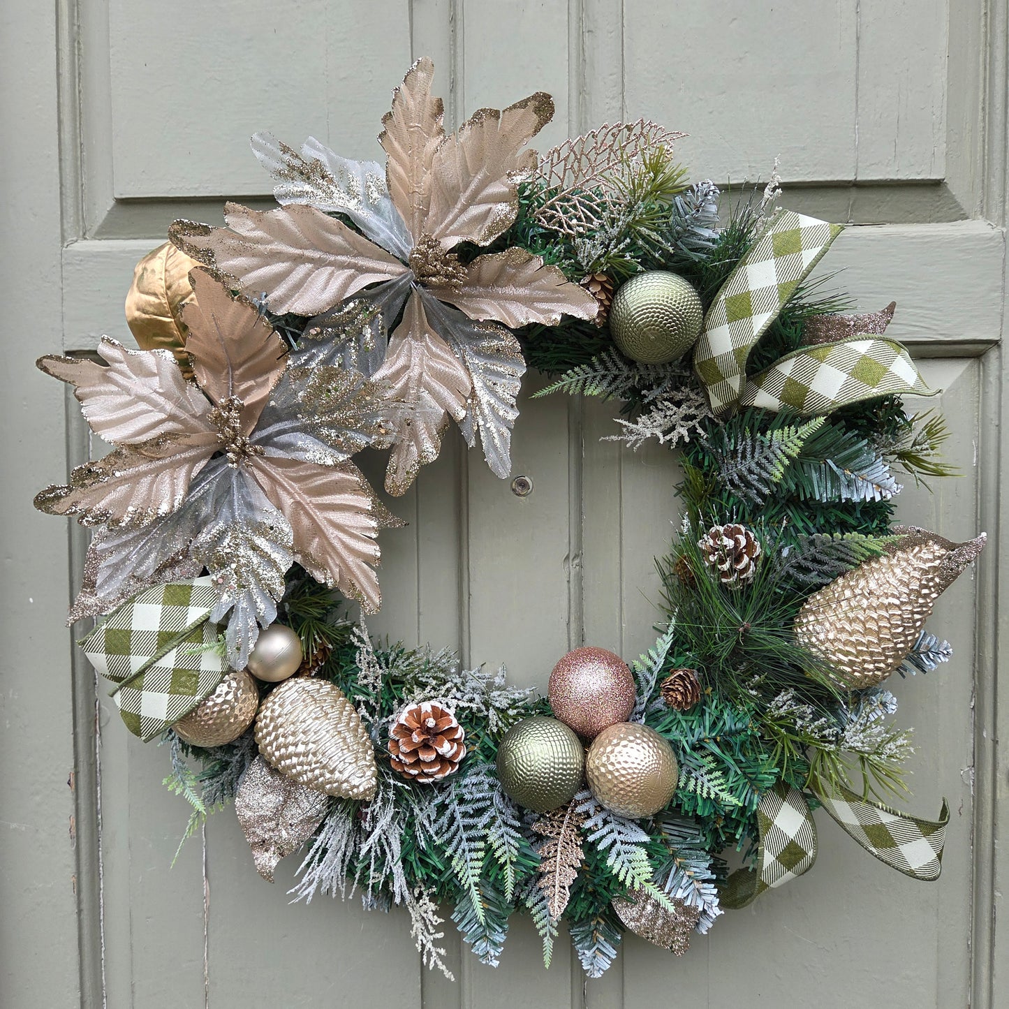 Deluxe Gold and Green Double Poinsettia Christmas Wreath, luxury Christmas decor