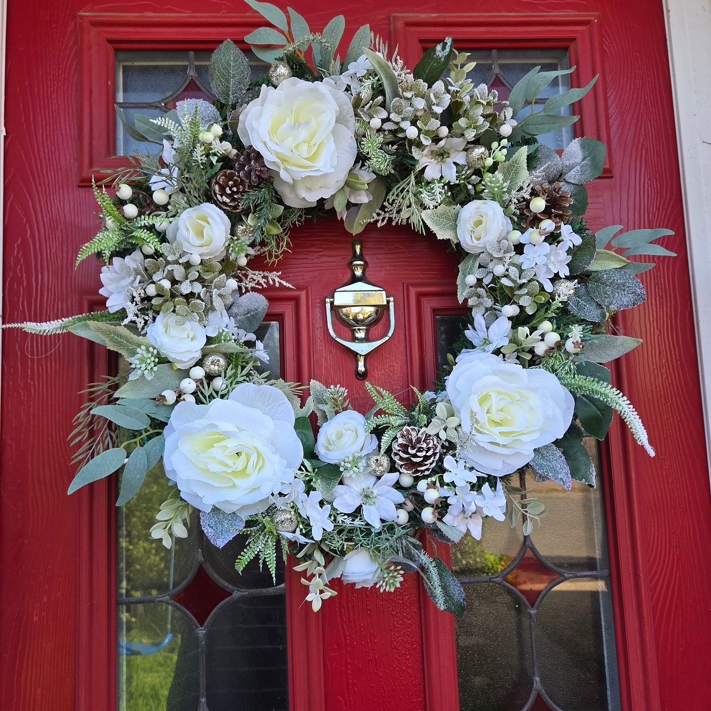 Deluxe Large White Rose and White Berry Christmas Wreath, luxury Christmas decor