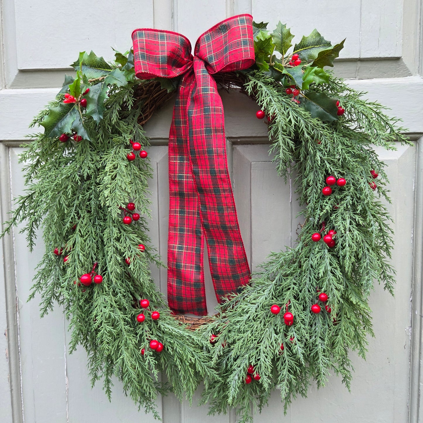 Deluxe Red Berry and Tartan Bow Christmas Wreath, luxury Christmas decor