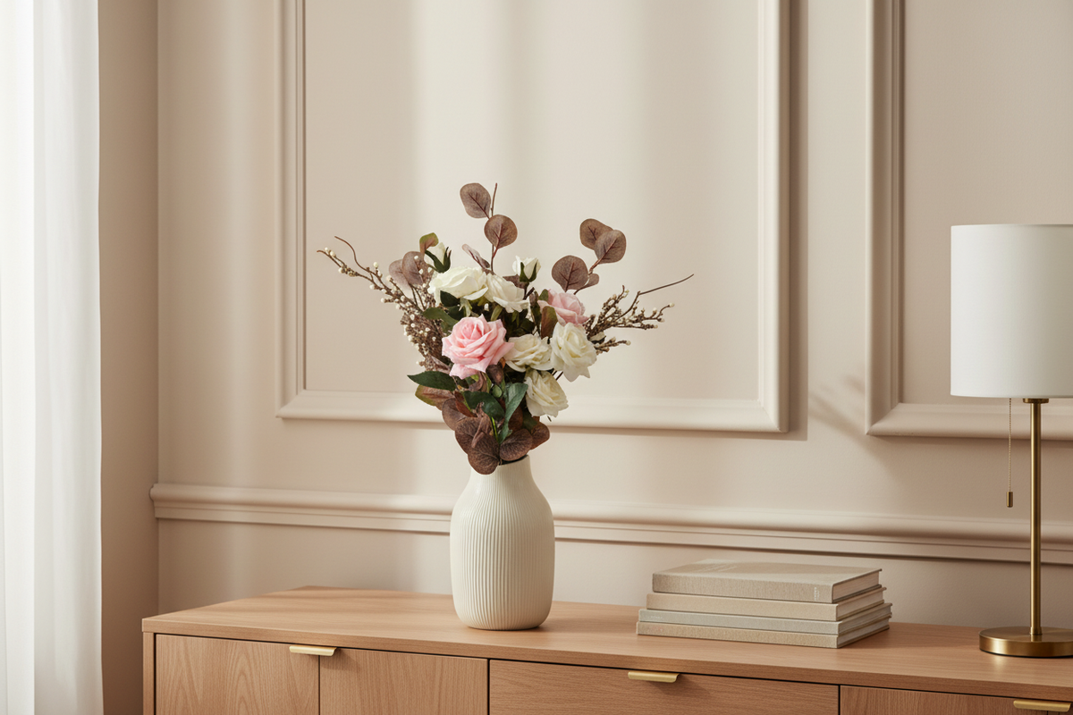 Vase of flowers in a warm, stylish sideboard setting