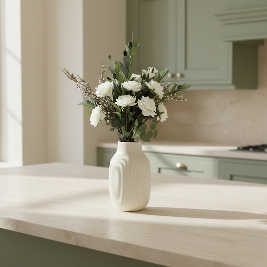 White flower arrangement in a sunlit kitchen