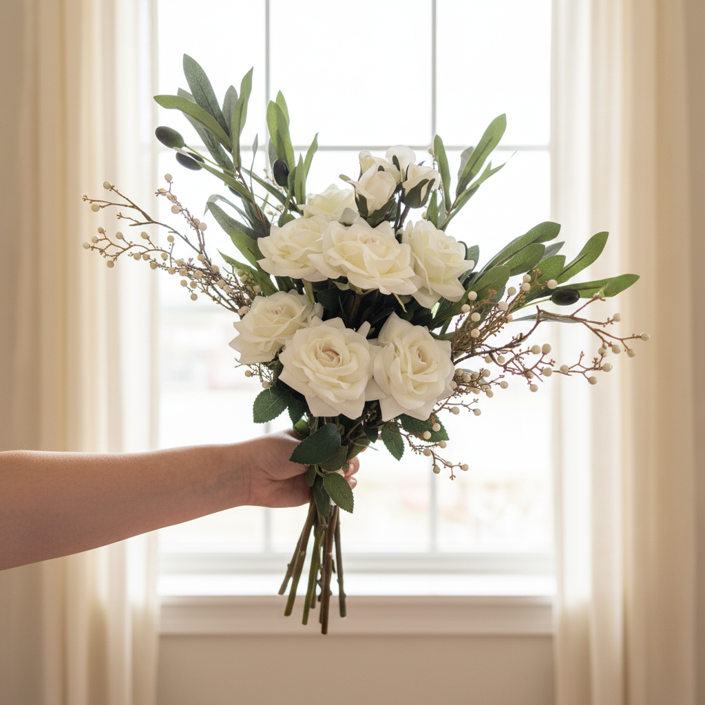 White hand-held bouquet in front of a bright window