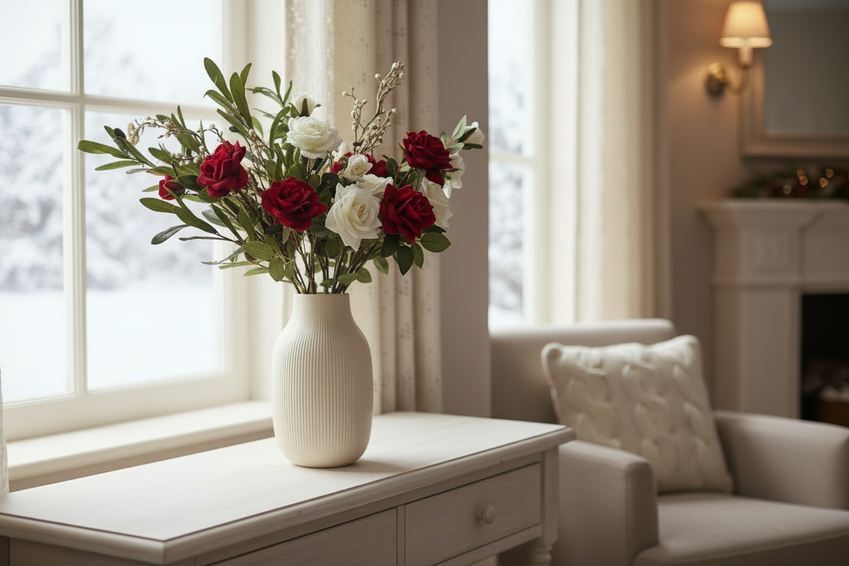 Winter-window Christmas arrangement with centred composition