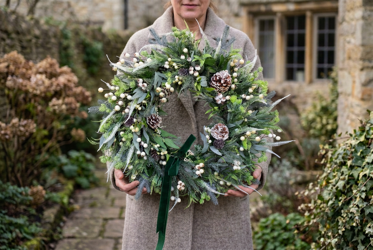 Wreath held with hands mostly concealed behind the foliage