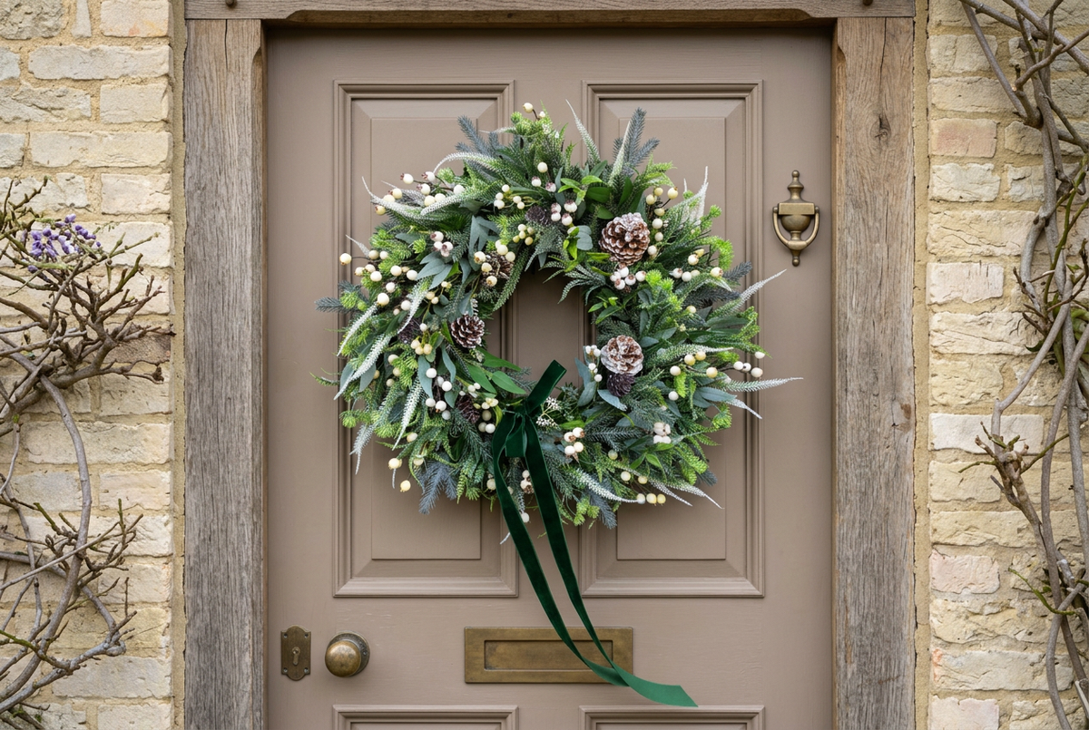 Wreath on a warm taupe cottage door